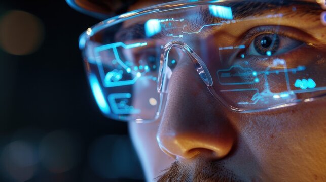 A detailed view of AR glasses on a man, with digital interfaces visible, emphasizing the use of augmented reality tech.
