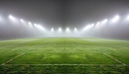 Enigmatic mist envelops a dimly illuminated soccer field on a mysterious evening
