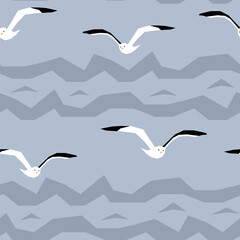 Vector seamless pattern with seagulls soaring over the sea in stormy weather