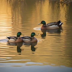 Obraz premium Mallard ducks on a sun drenched lake background