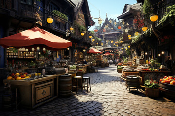 Obraz premium An old-fashioned foodcourt, with retro style stands with crafted food and farmers products.