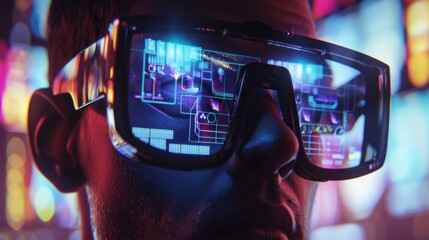 Augmented reality glasses on a man project multiple holographic screens, representing advanced digital interactions.
