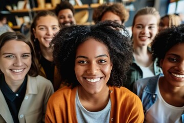 Fototapeta premium Multicultural happy people taking group selfie portrait in the office, diverse people celebrating together, Happy teamwork and lifestyle concept