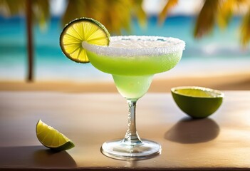 refreshing frozen margarita salt rim lime wedge summer day, beverage, cocktail, drink, alcoholic, mocktail, bar, party, celebration, barware, mixology, glass,