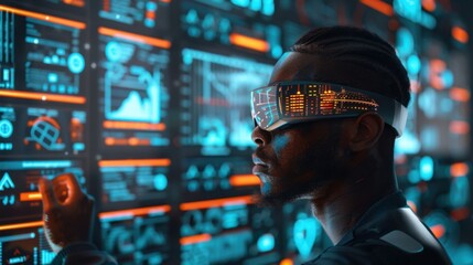 A man with futuristic glasses views holographic data and charts, emphasizing the advanced features of AR technology.
