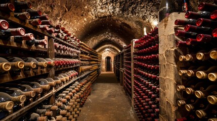 A long and narrow underground wine cellar is filled with rows upon rows of wooden shelves holding numerous bottles of wine. 
