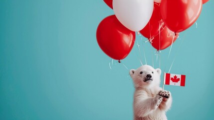 Cub's Canada Day Cheer: Polar Bear with Flag and Balloons (Animal, Festival, Canada)