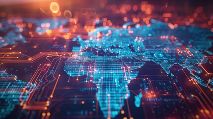 Obraz premium A digital world map with interconnected lines and data points, representing global connectivity and technology. 