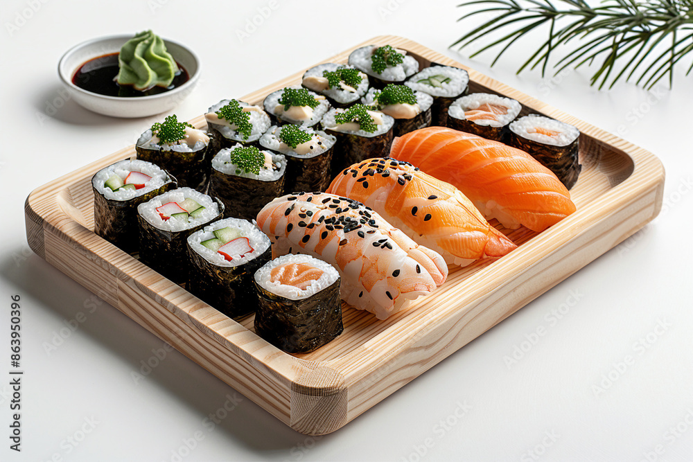 Wall mural AI generated photo image of a tasty sushi on board isolated on white color background