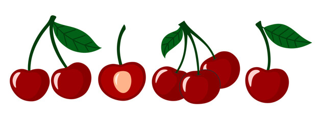 Cherry berry set. Juicy ripe cherries with leaves. Summer berries. Flat Vector illustration isolated on white background