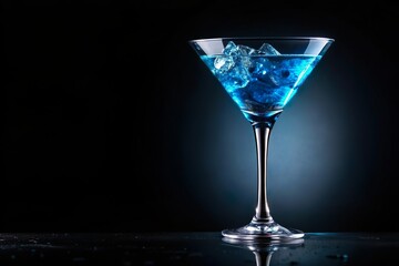 blue martini cocktail liquor glass on black background