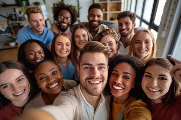Obraz premium Multicultural happy people taking group selfie portrait in the office, diverse people celebrating together, Happy teamwork and lifestyle concept