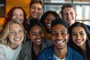 Obraz premium Multicultural happy people taking group selfie portrait in the office, diverse people celebrating together, Happy teamwork and lifestyle concept