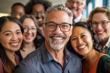 Fototapeta premium Multicultural happy people taking group selfie portrait in the office, diverse people celebrating together, Happy teamwork and lifestyle concept