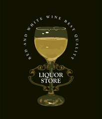 vector banner with logo for a wine shop or bar, restaurant menu with a glass of white wine and an inscription on a black background