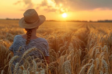 Fototapeta premium Farmer and agronomist in wheat field at sunset.