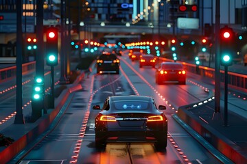 Fototapeta premium Self Driving Autonomous Electric Car navigating Night City Street with Traffic Lights and Sensors, Future of Transportation Concept