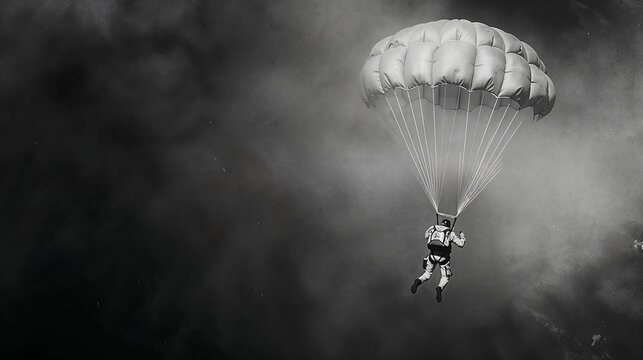 black and white photograph depicting a paratrooper descending through a cloudy sky