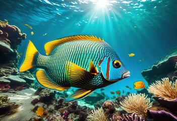 Obraz premium vibrant tropical fish swimming sunken shipwreck clear blue water, underwater, marine, colorful, exotic, aquatic, coral, reef, ocean, sea, scuba, diving