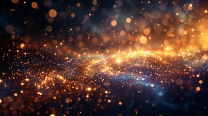 Fototapeta premium Abstract background with twinkling lights and glowing orbs in a dark blue and orange color scheme.