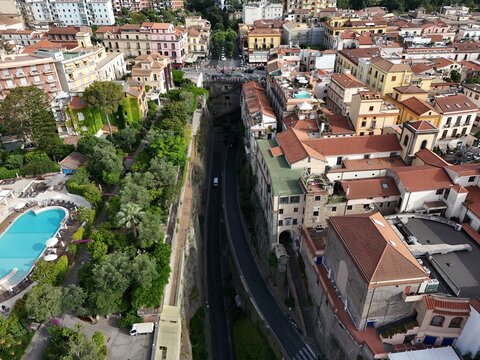 aerial view of Piazza Tasso this is the central public square of Sorrento. Italy