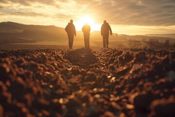 Three farmers go ahead on a plowed field at sunset. Young team of farmers