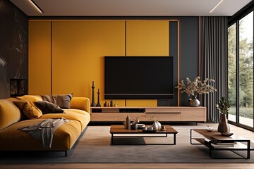 Empty living room with blue fabric sofa ,lamp and plants on empty white wall background.3d rendering