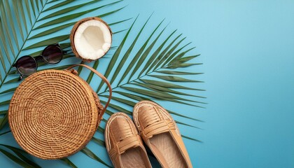 Round rattan bag, coconut, birkenstocks, palm branches, sunglasses on blue background