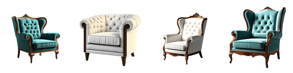 Set of vintage armchair cutouts depicting single seat sofas isolated on transparent background. Ideal for interior design, furniture catalogs, and home decor projects.