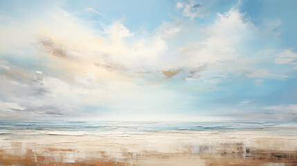 Peinture l&eacute;g&egrave;rement abstraite repr&eacute;sentant une plage, avec le sable, la mer et un ciel bleu nuageux. Traits de pinceaux, tableau, art. Pour conception et cr&eacute;ation graphique. 