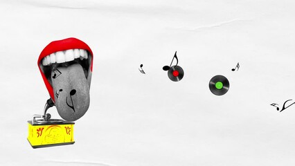 Retro music festival banner. Open female mouth expressing excitement and energetic boost with vinyl record player and gramophone sounds. Music school, concerts and events. Stop motion, animation.