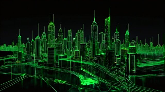 A green wireframe model of a city with skyscrapers and highways.