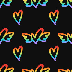 Seamless pattern of rainbow colored graffiti heart with wings. Y2K Neon LGBTQ+ symbol. Perfect for vibrant, urban designs, Pride celebrations, and trendy fashion projects.