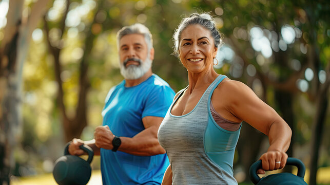 Working out with kettlebells outdoors - Powered by Adobe