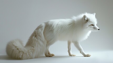 Fototapeta premium White fox with furry fur, long fur, big tail, cute and interesting shape