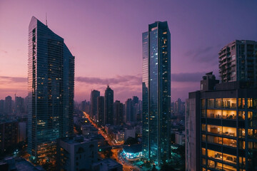 Vibrant Cityscape at Dusk with Illuminated Streets and Skyscrapers