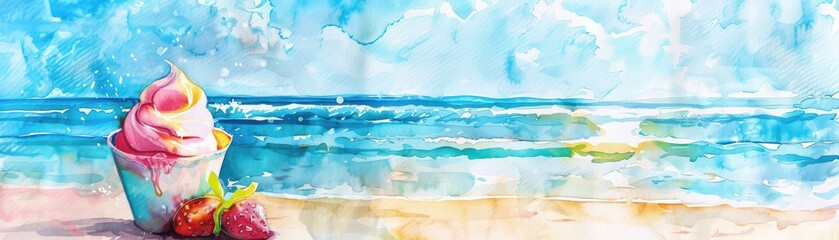 A cupcake with strawberry on top is on a beach, illustrations, vacation time ,summer season.	