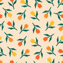 Colorful tulips flowers in flat style hand drawn vector illustration. Retro floral ornament seamless pattern for kids fabric or wallpaper.
