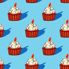 Berry cupcake pattern with shadow, vector	