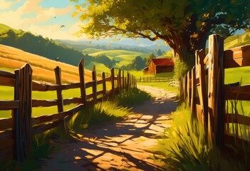 Obraz premium warm sunlight illuminating rustic wooden fence countryside setting, weathered, aged, rural, texture, shadows, beams, vintage, old, brown, planks, nature, sunny,