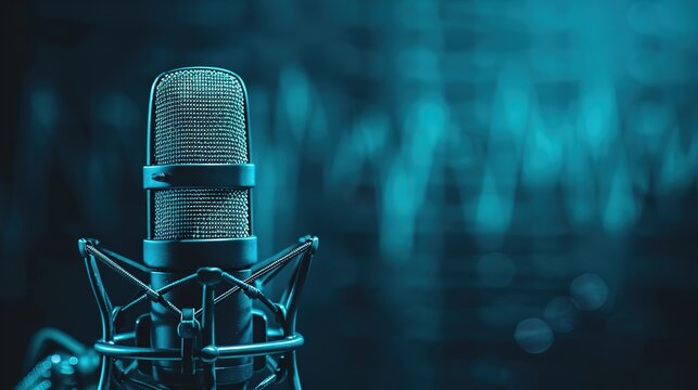Professional Microphone with Sound Waves on Blue Background Banner for Podcast or Radio Studio, Mockup Design Template, Captured with Wide Angle Lens in Daylight. Ideal for Audio Broadcasting