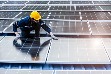 Professional Engineer Service Solar Panel. Worker Maintenance Cleaning Replacing Solar Panel. Solar photovoltaic panel system in Industry roof. Saving Energy with Clean Power.