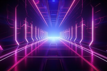 Naklejka premium 3d render, abstract futuristic neon background, virtual reality cyberspace, pink blue vibrant colors, laser show stage