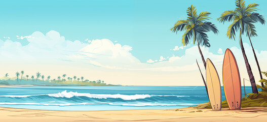 Illustration d'un paysage d'une plage paradisiaque. Sable fin, eau turquoise et ciel bleu. Palmier et planche de surf. Vacances, été, soleil, voyage. Pour conception et création graphique. 