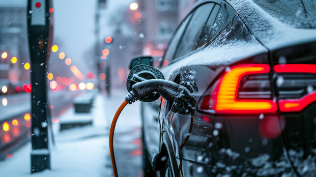 An electric car is plugged into a charging station on a snowy urban street at night. The scene features falling snow, blurred city lights, and a cold winter atmosphere