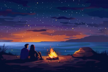 A couple sits by a bonfire on a beach, enjoying the warm evening air and a beautiful starry night sky. Generative AI