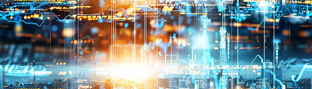 Poster futuristic digital interface with data analysis, graphs, and charts. vibrant colors and dynamic line