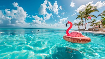 Relax and soak up some sun at a stunning hotel pool surrounded by sparkling ocean waters. As you float on a flamingo floatie under the fluffy white clouds, you'll feel like you're in paradise.