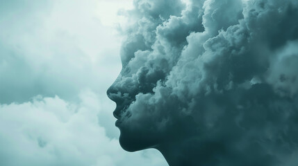 Silhouette of a woman blended with clouds in a dreamy sky