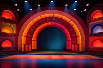 Obraz premium Event Stage design, corporate projects presentations, shareholders event or meeting with slides on projection screens. 3d rendering. 3d illustration.